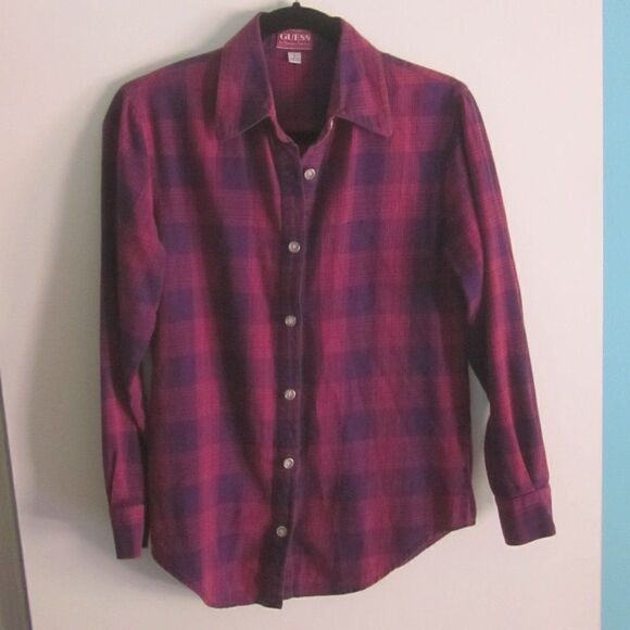 Guess Jeans Womens Size S VINTAGE Purple Plaid Long Sleeve Button Up Cotton Top - Picture 1 of 12